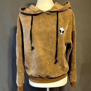 Brown Corduroy Hoodie with Alien Patch